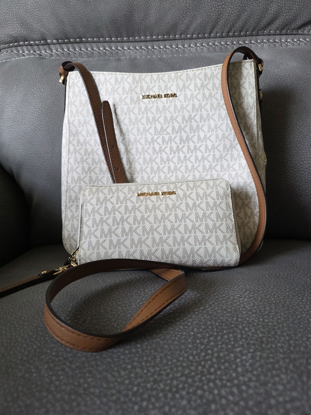 Michael Kors Cream Signature Crossbody with Brown Trim and Matching Wallet